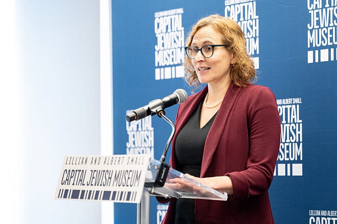 Beatrice Gurwitz, executive director of the Capital Jewish Museum, delivers remarks at the reopening of the museum, Washington, May 29, 2025. Credit: Jim Bourg/Capital Jewish Museum.
