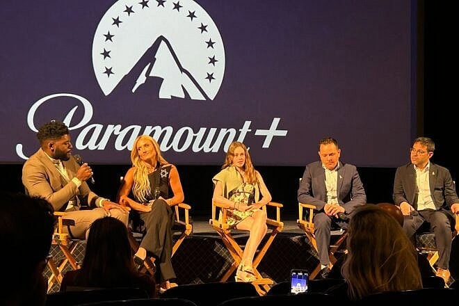 Author and former professional football player Emmanuel Acho hosted a panel discussion featuring (from left) actress and social-media influencer Montana Tucker; Yael Idan, a young survivor of the Hamas-led terrorist attacks in southern Israel on Oct. 7, 2023; film producer Eitan Schwartz; and director Asaf Becker following the premiere of “The Children of Oct. 7” on April 21, 2025. Photo by Izzy Salant.