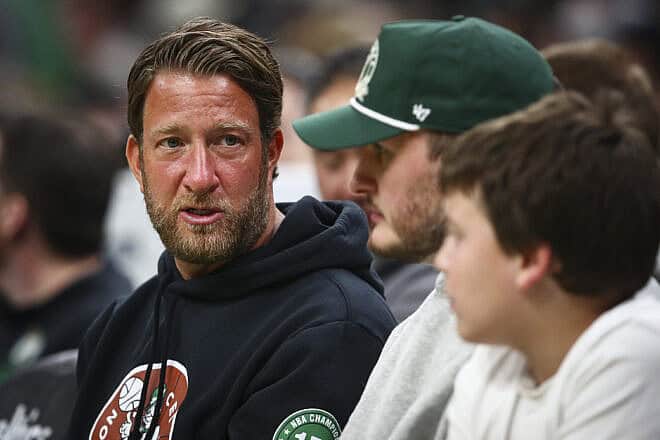 David Portnoy of Barstool Sports looks on during a game between the Boston Celtics and the Milwaukee Bucks at TD Garden in Boston on March 20, 2024. Photo by Adam Glanzman/Getty Images.