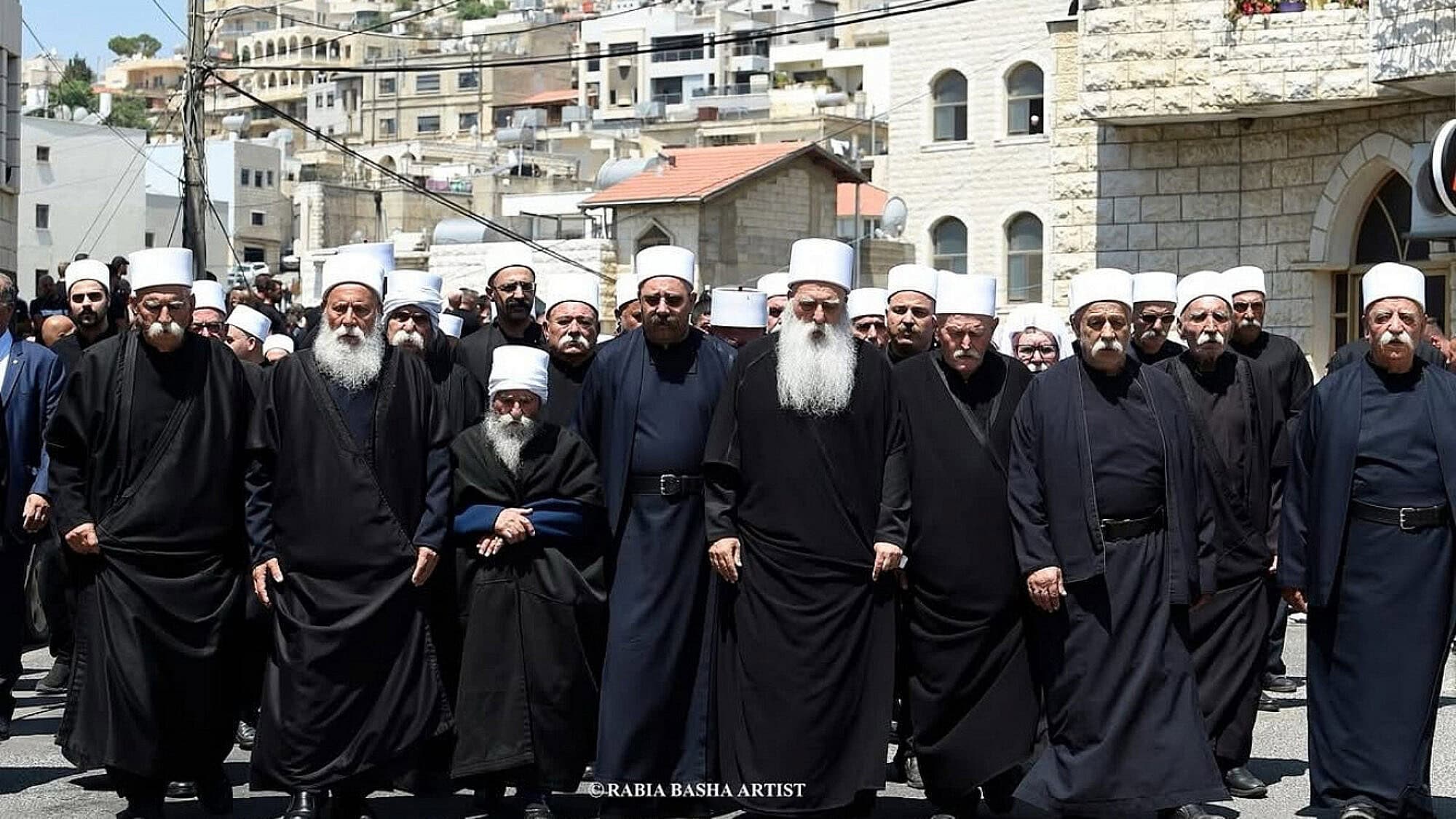 Leaders of the Druze community in Israel with Syrian Druze leaders during the festival of Nabi Shuaib on April 25, 2025. Photo by Rabia Basha.