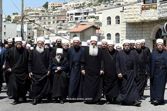 Leaders of the Druze community in Israel with Syrian Druze leaders during the festival of Nabi Shuaib on April 25, 2025. Photo by Rabia Basha.