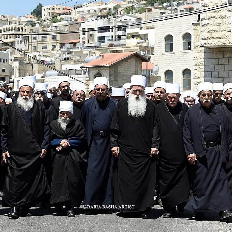 Leaders of the Druze community in Israel with Syrian Druze leaders during the festival of Nabi Shuaib on April 25, 2025. Photo by Rabia Basha.