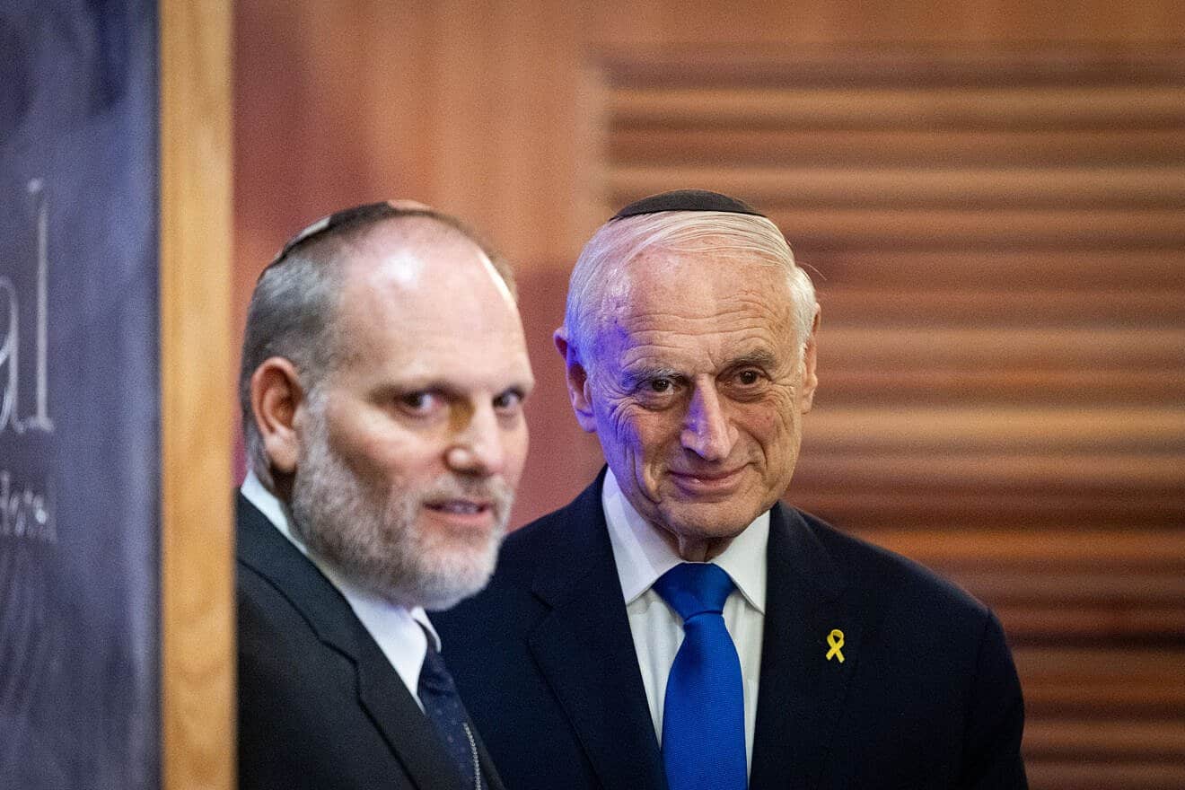 William Daroff (left), CEO of the Conference of Presidents of Major American Jewish Organizations, and Malcolm Hoenlein, former executive vice chair of the conference, in Jerusalem, Feb. 16, 2025. Photo by Chaim Goldberg/Flash90.