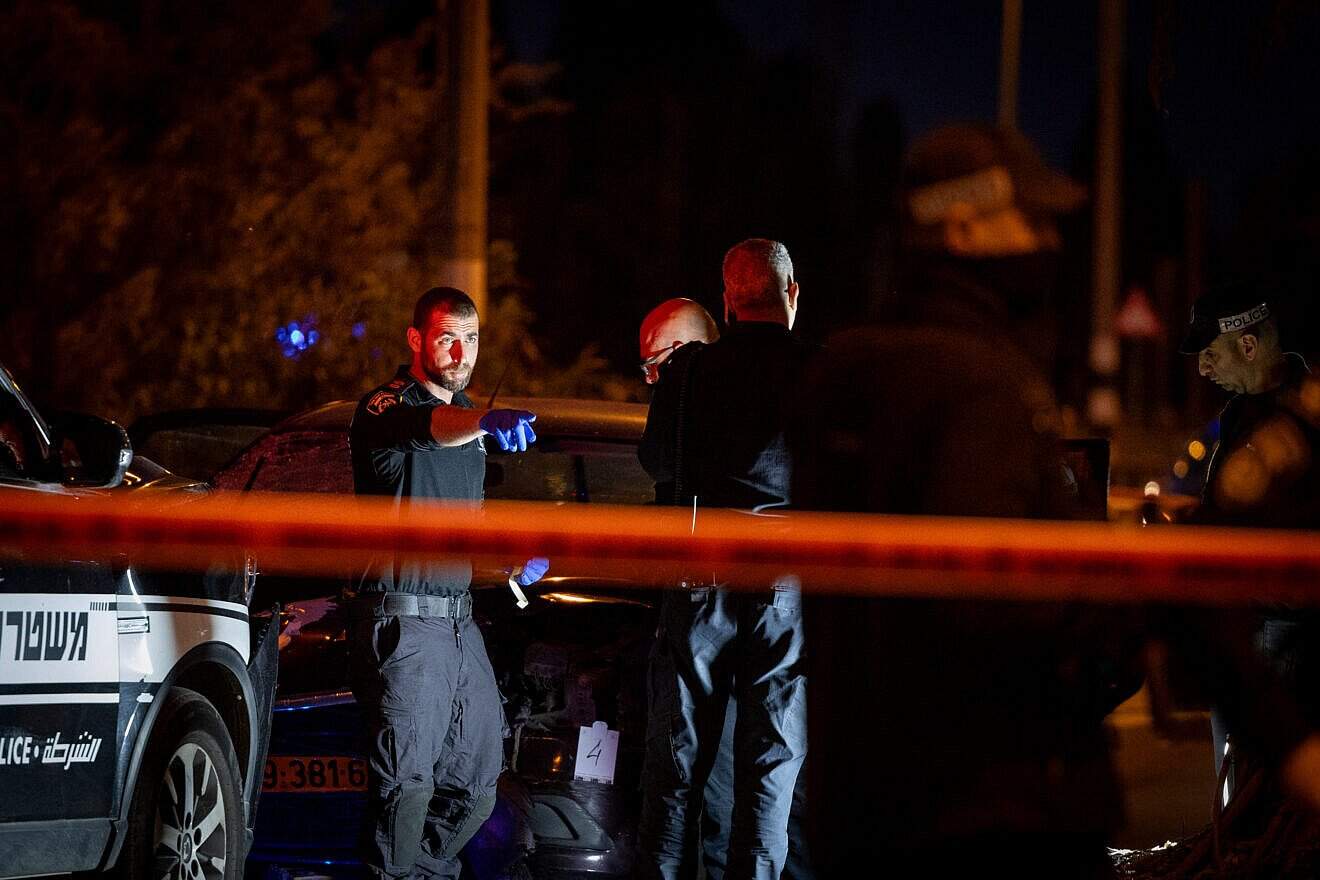 Police at the scene of a terrorist car-ramming attack in Pardes Hanna-Karkur, Feb. 27, 2025. Photo by Itay Cohen/Flash90.