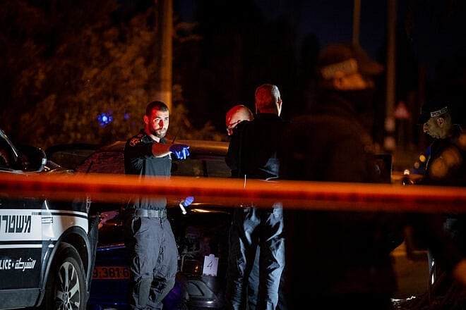 Police at the scene of a terrorist car-ramming attack in Pardes Hanna-Karkur, Feb. 27, 2025. Photo by Itay Cohen/Flash90.