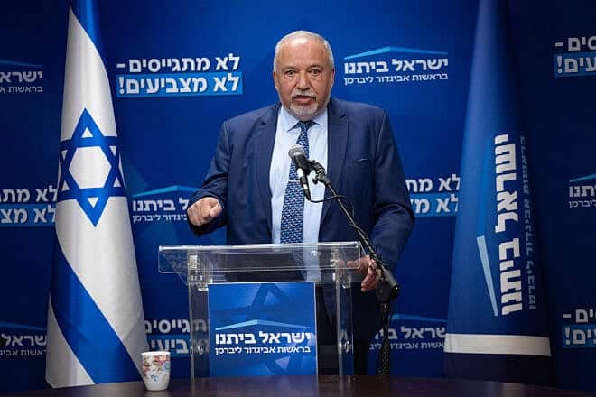 Yisrael Beiteinu Party leader Avigdor Liberman leads a faction meeting at the Knesset in Jerusalem, May 5, 2025. Photo by Yonatan Sindel/Flash90.