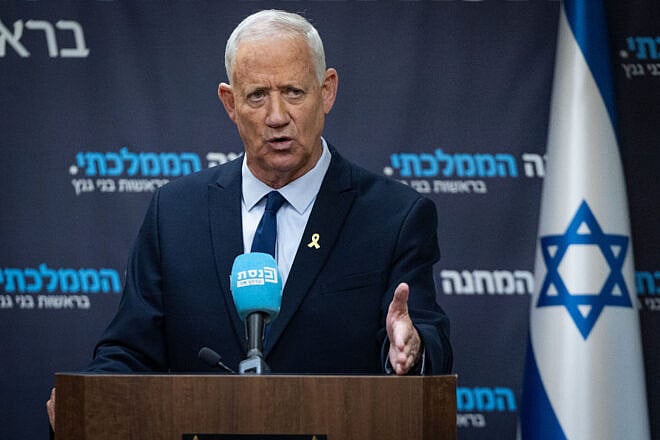 Leader of the National Unity Party MK Benny Gantz leads a faction meeting at the Knesset, the Israeli parliament in Jerusalem, on May 5, 2025. Photo by Yonatan Sindel/Flash90.
