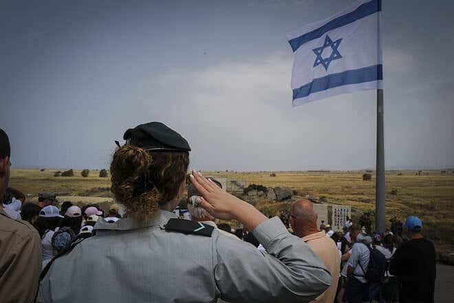 Hundreds of Israelis attend a Yom Hazikaron memorial ceremony in memory of the 32 fallen soldiers of the infamous Tel Saki Battle in the Golan Heights during the 1973 Yom Kippur War, on April 30, 2025. Photo by Michael Giladi/Flash90.