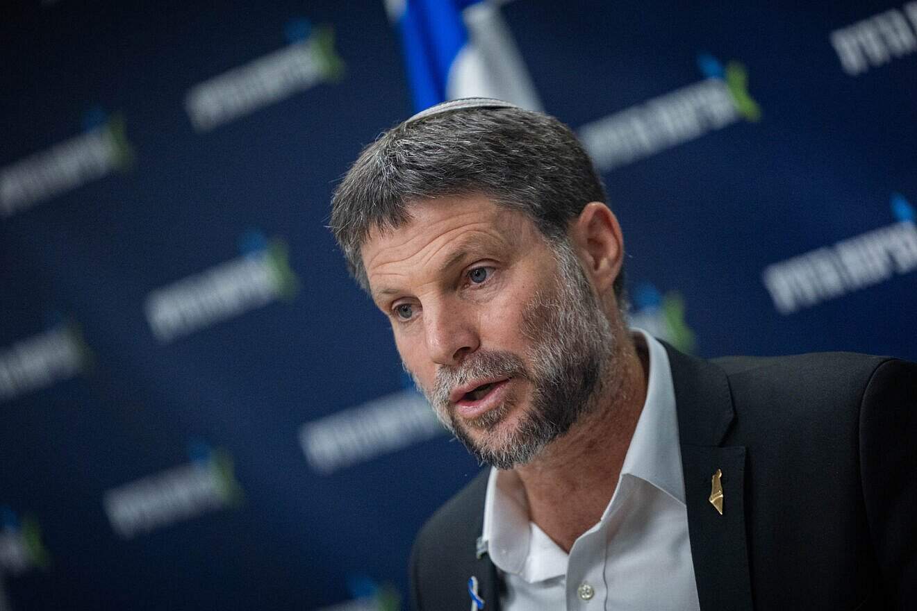Israeli Finance Minister Bezalel Smotrich leads a faction meeting at the Knesset in Jerusalem, May 12, 2025. Photo by Yonatan Sindel/Flash90.