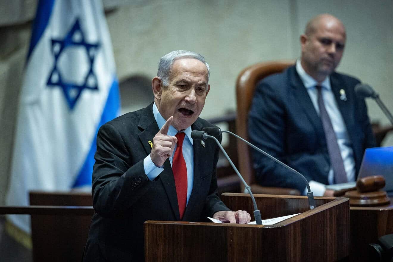Israeli Prime Minister Benjamin Netanyahu speaks during a 40-signature debate at the Knesset in Jerusalem, May 28, 2025. Photo by Yonatan Sindel/Flash90.