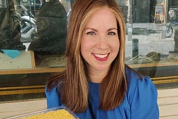 Celebrity chef Jamie Geller with the Marzipan classic 'crumb' cake. Photo by Raphael Shore.
