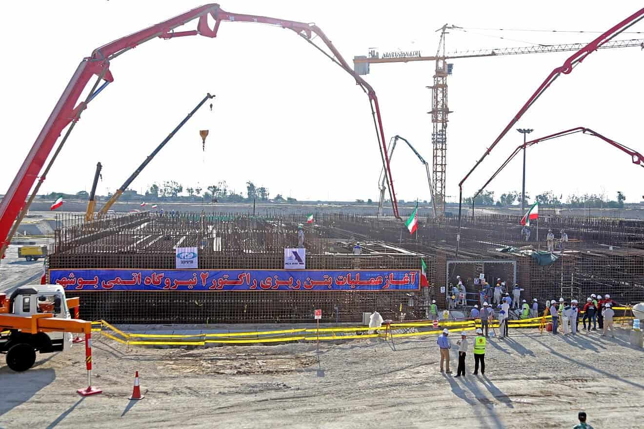 A picture taken on November 10, 2019, shows workers on the construction site of a second reactor in Iran's Bushehr nuclear power plant, during an official ceremony to kick-start the works at the facility. Photo by Atta Kenare/AFP via Getty Images.