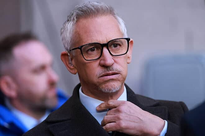 BBC Match of the Day presenter Gary Lineker during the Emirates FA Cup Semi Final match between Manchester City and Chelsea at Wembley Stadium on April 20, 2024 in London, England. Photo by Marc Atkins/Getty Images.
