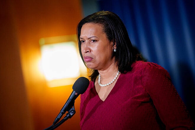 D.C. Mayor Muriel Bowser takes a question from a reporter at the National Press Club on Feb. 21, 2025. Credit: Andrew Harnik/Getty Images.