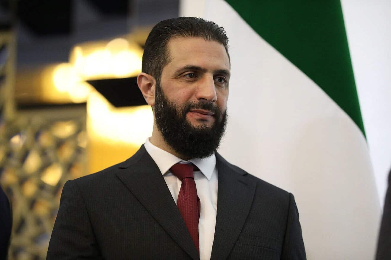 Syrian President Ahmed al-Sharaa attends the closing ceremony of the Syrian National Dialogue Conference at the presidential palace in Damascus, Feb. 25, 2025. Photo by Ali Haj Suleiman/Getty Images.