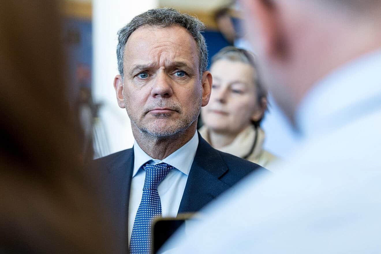 Dutch Foreign Minister Caspar Veldkamp speaks to the press on the sidelines of a NATO meeting in Brussels, April 4, 2025. Photo by Omar Havana/Getty Images.