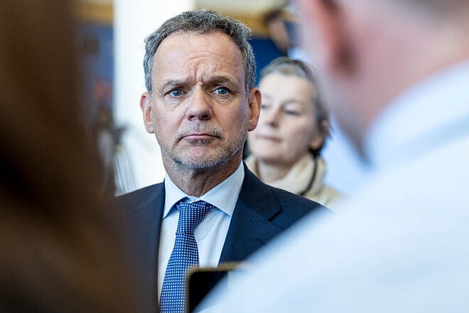 Dutch Foreign Minister Caspar Veldkamp speaks to the press on the sidelines of a NATO meeting in Brussels, April 4, 2025. Photo by Omar Havana/Getty Images.