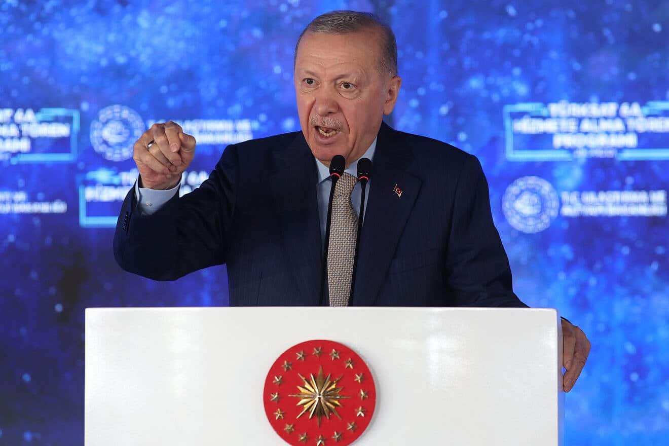 Turkish President Recep Tayyip Erdoğan speaks at the TÜRKSAT 6A Commissioning Ceremony on April 21, 2025 in Ankara. Photo by Yavuz Ozden/dia images via Getty Images.