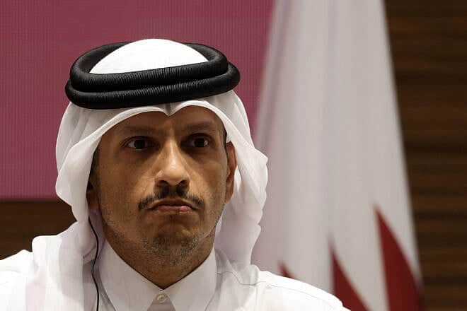Qatar's Prime Minister and Foreign Minister Sheikh Mohammed bin Abdulrahman Al-Thani gives a joint press conference with Turkey's foreign minister at the Amiri Diwan Annex in Doha, on April 27, 2025. Photo by Karim Jaafar/AFP via Getty Images.