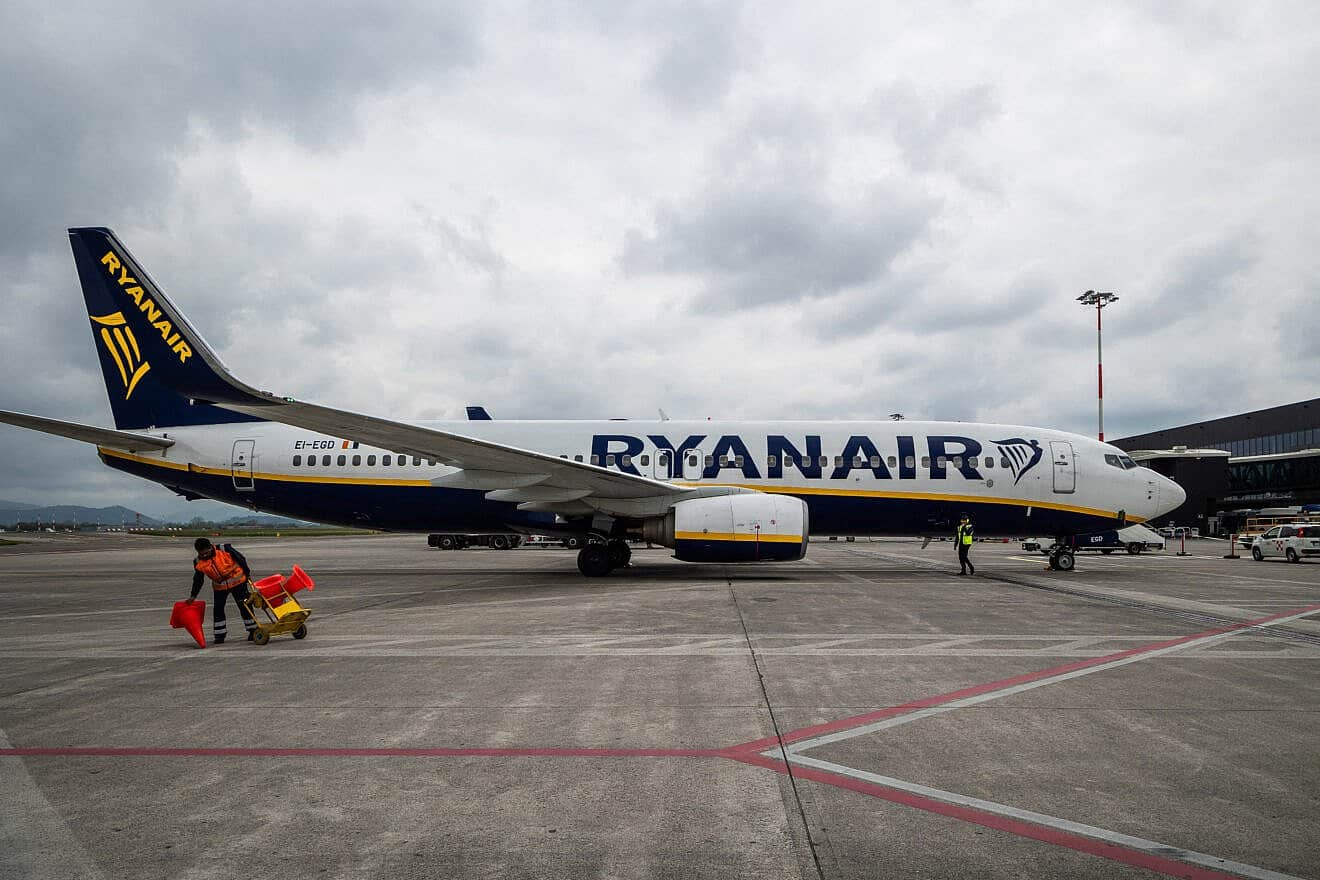 A RyanAir aircraft on the tarmac at Milan Bergamo airport in Bergamo in Lombardy, Italy on April 19, 2025. Photo by JC Milhet/Hans Lucas/AFP via Getty Images.