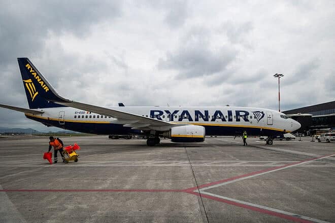 A RyanAir aircraft on the tarmac at Milan Bergamo airport in Bergamo in Lombardy, Italy on April 19, 2025. Photo by JC Milhet/Hans Lucas/AFP via Getty Images.