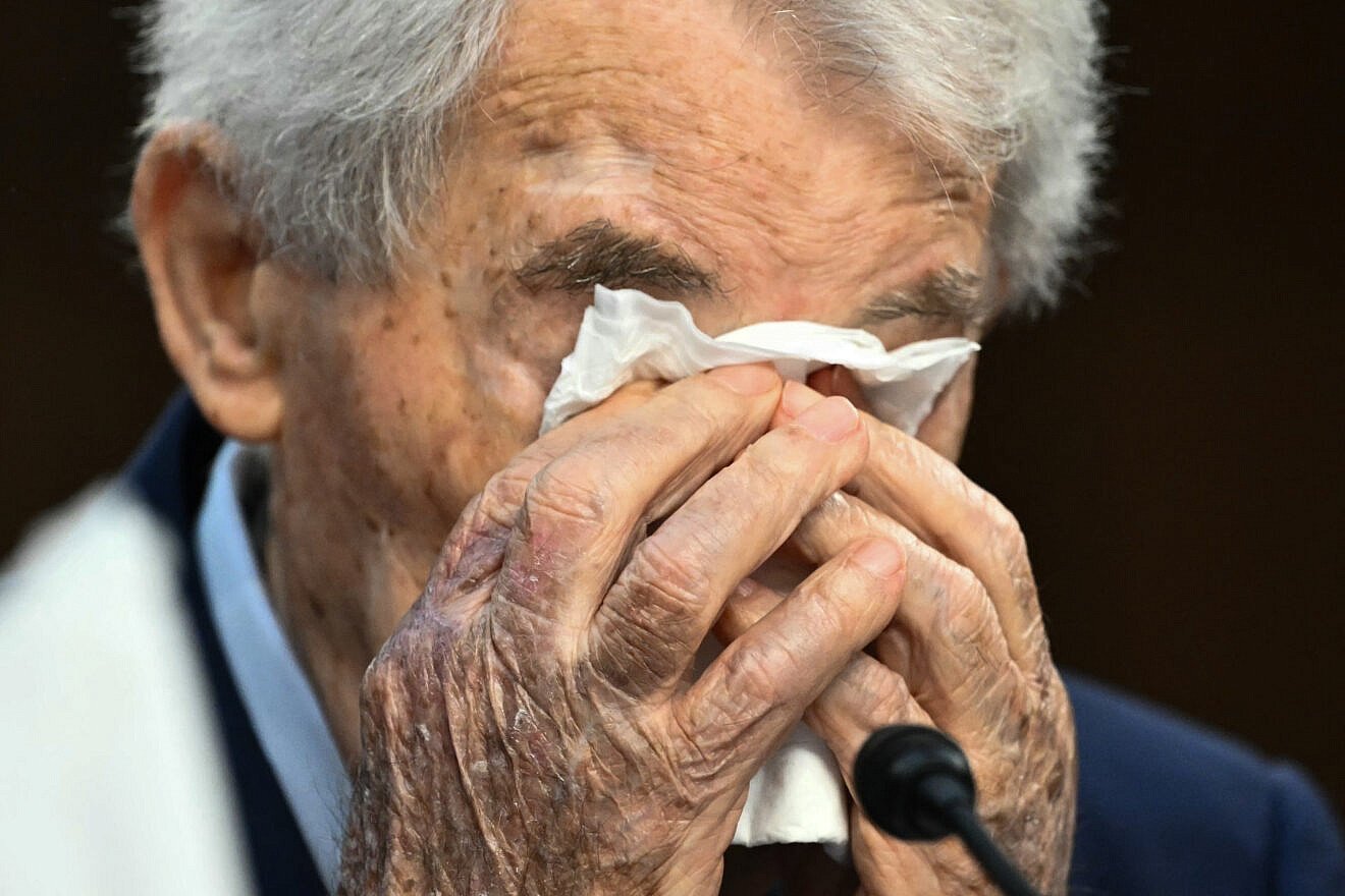 David Schaecter, president of the Holocaust Survivors Foundation USA, reacts during a U.S. Senate Special Committee on Aging hearing on "addressing the rise of antisemitism and supporting older Americans," April 30, 2025. Photo by Mandel Ngan/AFP via Getty Images.