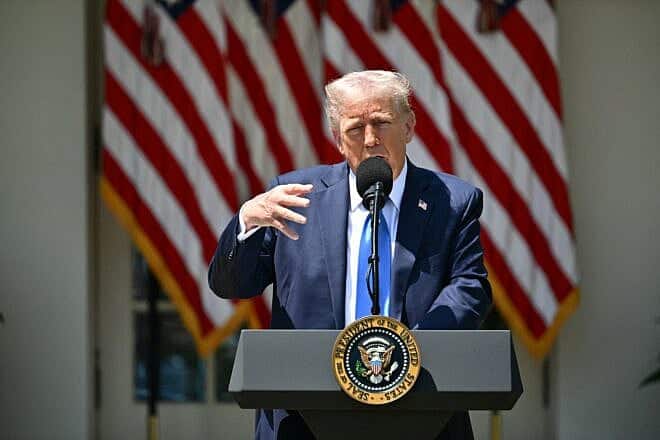 U.S. President Donald Trump speaks during a National Day of Prayer event in the Rose Garden of the White House, May 1, 2025. Photo by Mandel Ngan/AFP via Getty Images.