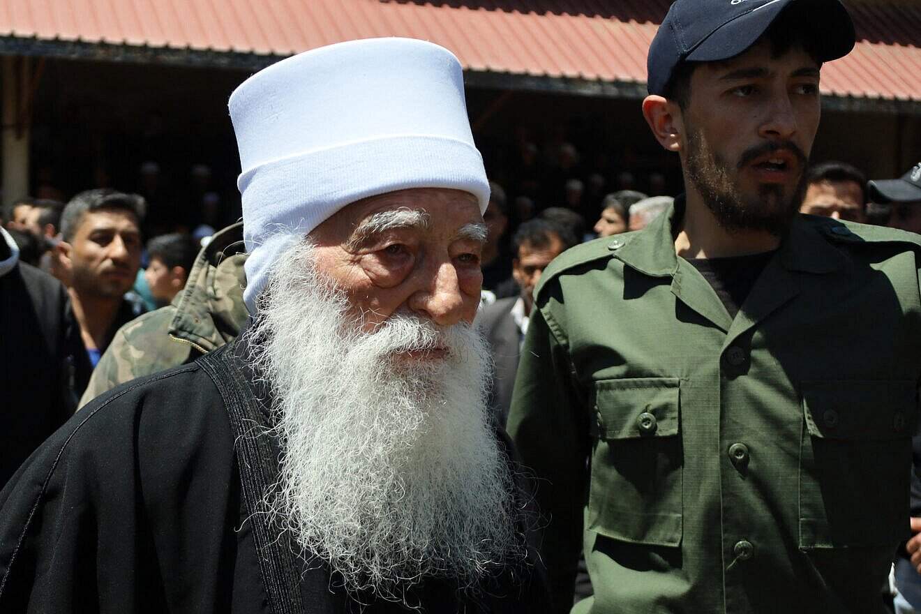 Druze cleric Hamoud al-Hinawi attends the funeral of members of Syria's Druze community who were killed in recent sectarian clashes, in Salkhad village in the country's southern Suwayda governorate, May 3, 2025. Photo by Shadi al-Dubaisi/AFP via tty Images.