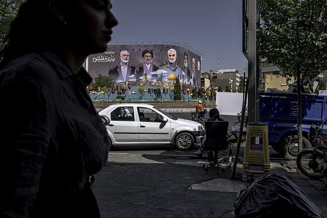 A large banner featuring portraits of slain leaders from Iranian-backed terrorist groups, including Hamas leader Yahya Sinwar, May 2025. Photo by Mohammadali Najib/Middle East Images/AFP via Getty Images.