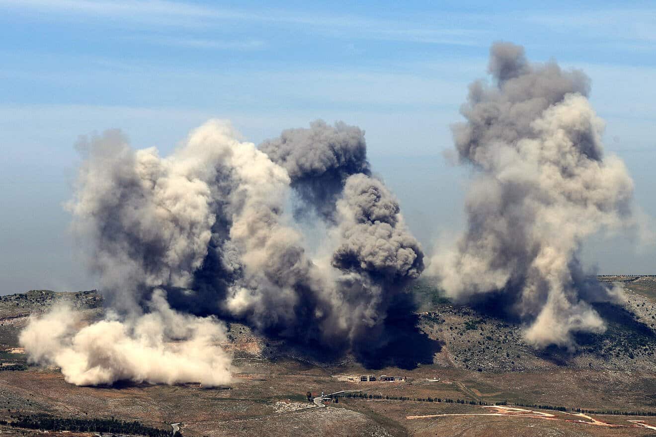 This picture taken from the Marjayoun area shows smoke billowing from the site of Israeli airstrikes on the hills of Nabatiyeh in Southern Lebanon, May 8, 2025. Photo by Rabih Daher/AFP via Getty Images.