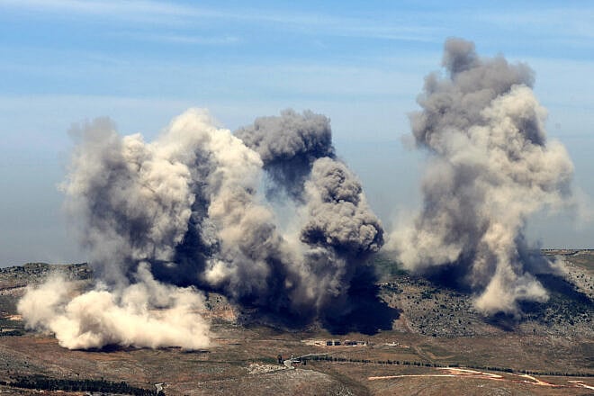 This picture taken from the Marjayoun area shows smoke billowing from the site of Israeli airstrikes on the hills of Nabatiyeh in Southern Lebanon, May 8, 2025. Photo by Rabih Daher/AFP via Getty Images.