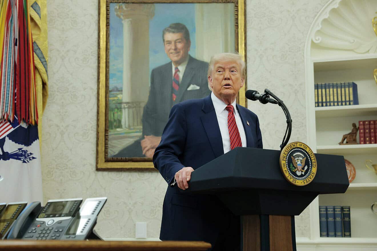 U.S. President Donald Trump speaks during a swearing-in ceremony for new U.S. Ambassador to China David Perdue in the Oval Office at the White House in Washington, D.C., May 7, 2025. Photo by Anna Moneymaker/Getty Images.