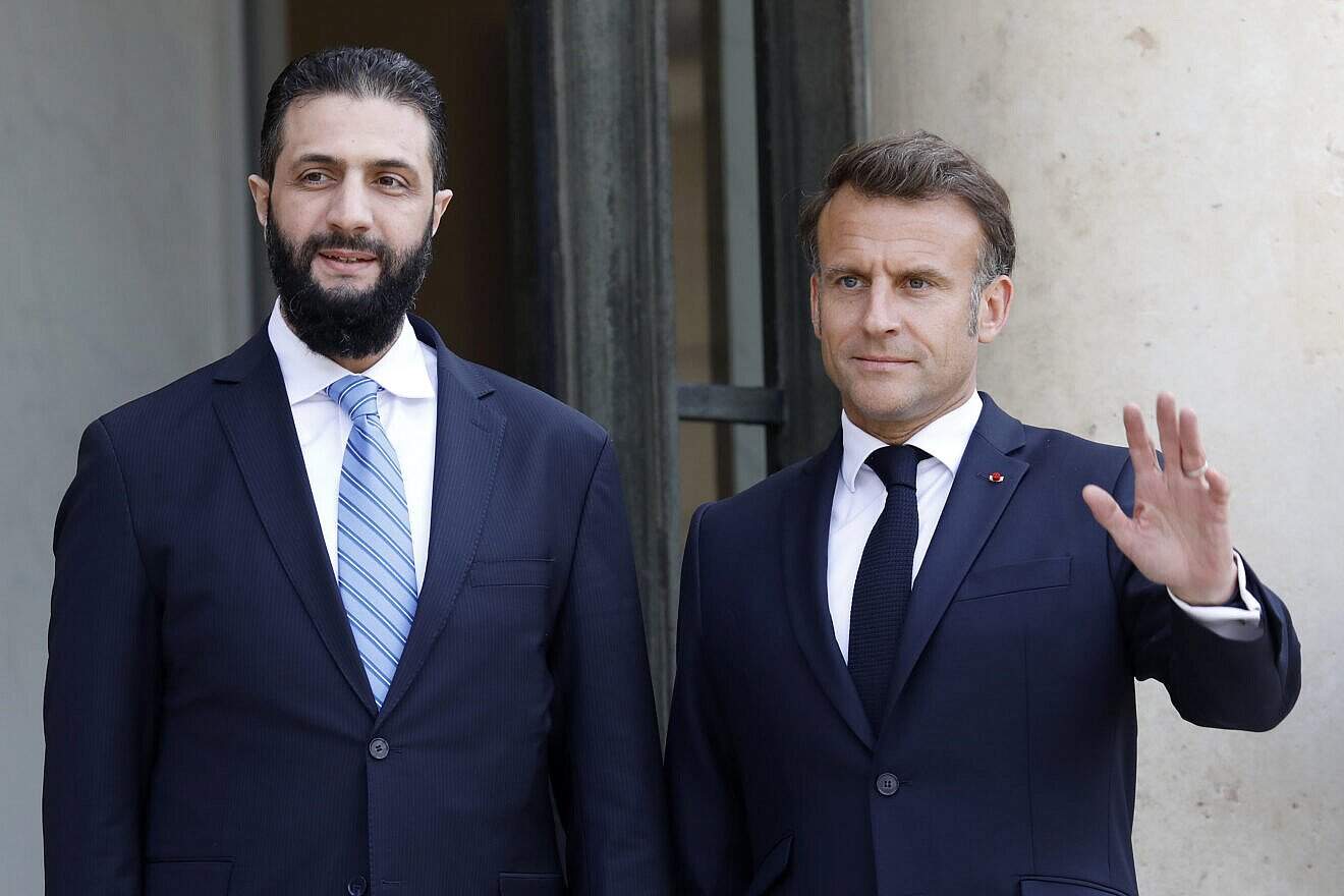 French President Emmanuel Macron welcomes Syria's interim president Ahmed al-Sharaa at Elysee Palace in Paris, France, May 7, 2025. Photo by Antoine Gyori-Corbis/Getty Images.