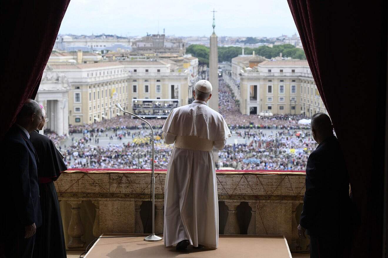 Pope Leo XIV leads the Regina Caeli prayer at Vatican City's St. Peter's Square, May 11, 2025. Photo by Francesco Sforza/Vatican Media via Vatican Pool/Getty Images.