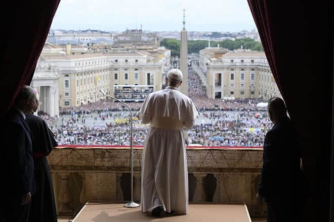 Pope Leo XIV leads the Regina Caeli prayer at Vatican City's St. Peter's Square, May 11, 2025. Photo by Francesco Sforza/Vatican Media via Vatican Pool/Getty Images.