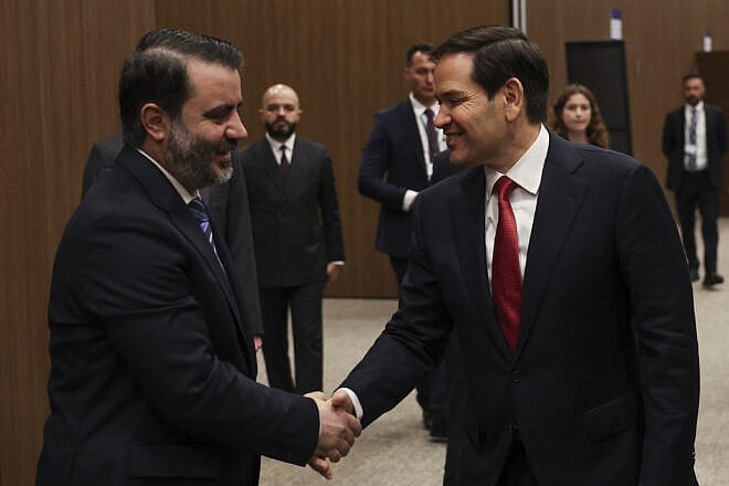Syrian Foreign Minister Asaad al-Shibani (left) with U.S. Secretary of State Marco Rubio at the NEST International Convention Center in Antalya on May 15, 2025. Photo by Umit Bektas/POOL/AFP via Getty Images.