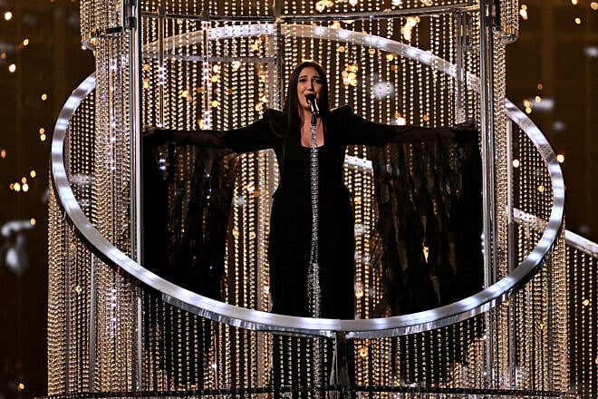 Israeli singer Yuval Raphael representing Israel with the song "New Day Will Rise" performs during the second semifinal of the Eurovision Song Contest 2025, at the St. Jakobshalle arena in Basel on May 15, 2025. Photo by Fabrice Coffrini/AFP via Getty Images.