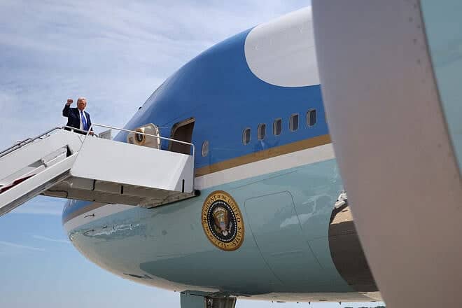 U.S. President Donald Trump boards Air Force One on May 12, 2025, at Joint Base Andrews, Maryland. President Trump is traveling to Saudi Arabia, the first stop on his four-day Middle East visit and the first international trip of his second term. Photo by Win McNamee/Getty Images.