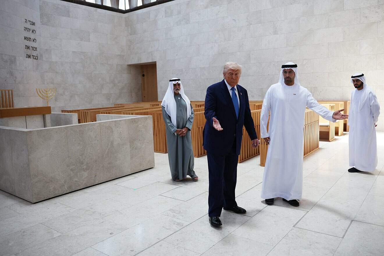 U.S. President Donald Trump tours the synagogue at the Abrahamic Family House in Abu Dhabi, United Arab Emirates, on May 16, 2025. Photo by Win McNamee/Getty Images.