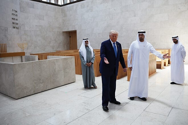 U.S. President Donald Trump tours the synagogue at the Abrahamic Family House in Abu Dhabi, United Arab Emirates, on May 16, 2025. Photo by Win McNamee/Getty Images.