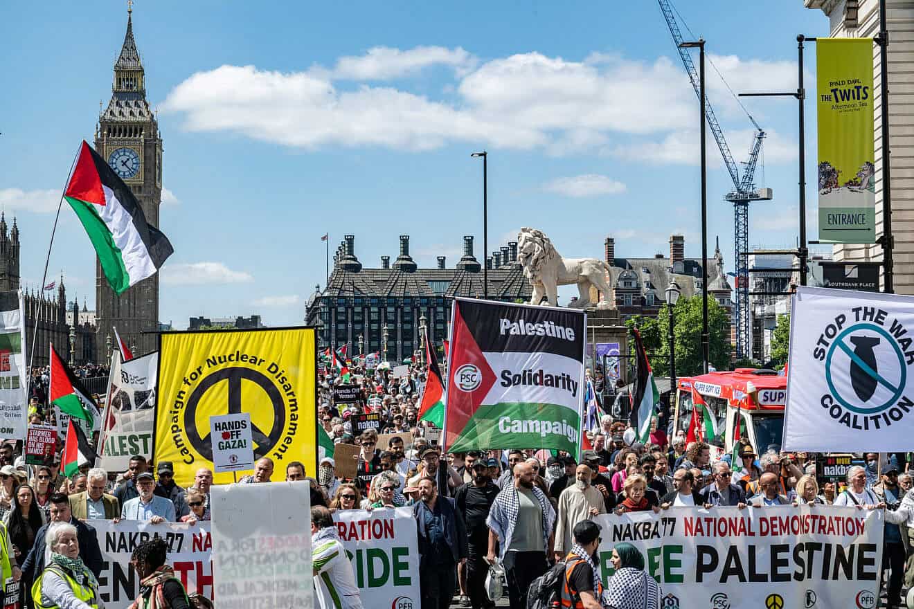 Protesters pass over Westminster Bridge during the National March For Palestine in London, England, on May 17, 2025, marking the 77th anniversary of what the Palestinians call the "Nakba" (catastrophe) following the creation of the State of Israel. Photo by Guy Smallman/Getty Images.
