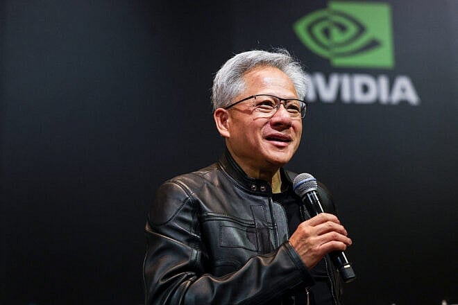 Jensen Huang, co-founder and CEO of Nvidia Corp., speaks during a news conference in Taipei on May 21, 2025. Photo by I-Hwa Cheng/AFP via Getty Images.