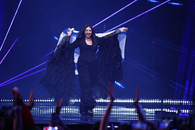 Yuval Raphael representing Israel walks on stage during the Grand Final of the 69th Eurovision Song Contest Opening Ceremony at St. Jakobshalle on May 17, 2025 in Basel, Switzerland. Photo by Sebastian Reuter/Getty Images.