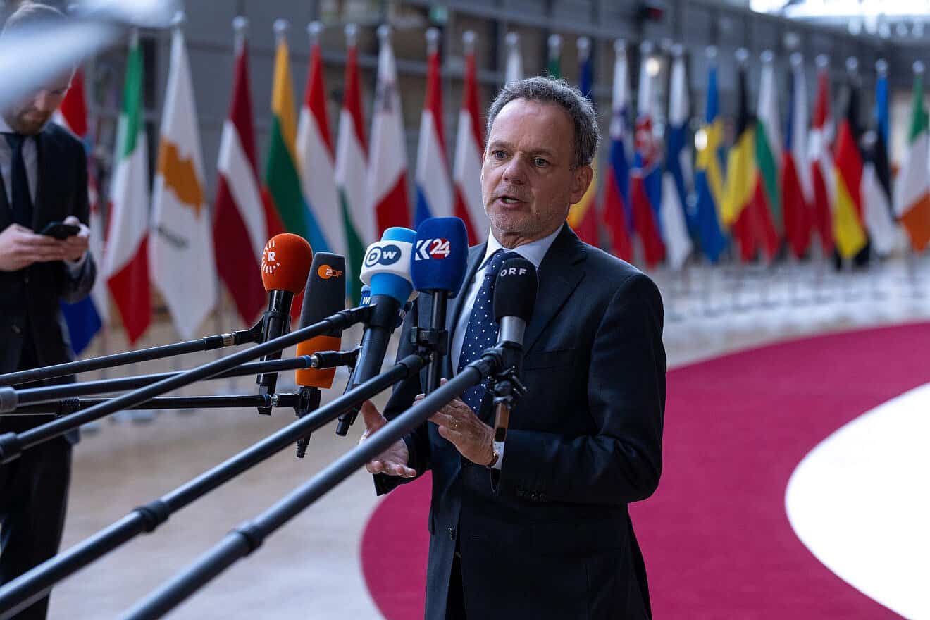 Caspar Veldkamp, Minister of Foreign Affairs of the Netherlands, speaks to the press at the European Council headquarters during the meeting of Foreign Affairs Ministers on May 20, 2025 in Brussels, Belgium. Photo by Omar Havana/Getty Images.