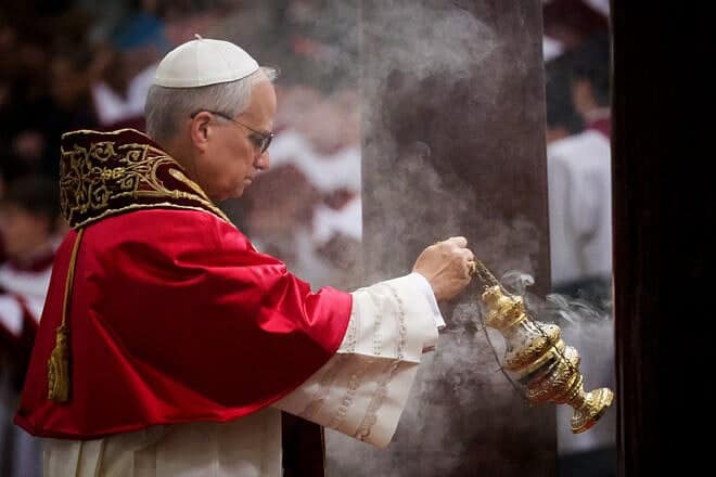 Pope Leo XIV incenses the tomb of St. Paul during his visit to the St. Paul outside the Walls Basilica on May 20, 2025 in Rome, Italy.  Credit: Franco Origlia/Getty Images.