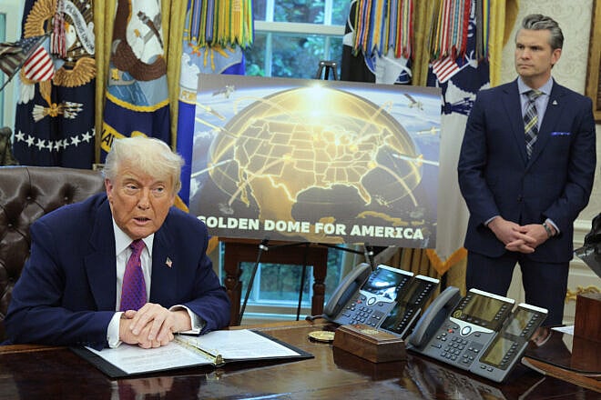 U.S. President Donald Trump speaks alongside Secretary of Defense Pete Hegseth in the Oval Office at the White House on May 20, 2025 in Washington, DC. President Trump announced his plans for the "Golden Dome," a national ballistic and cruise missile defense system. Photo by Chip Somodevilla/Getty Images.