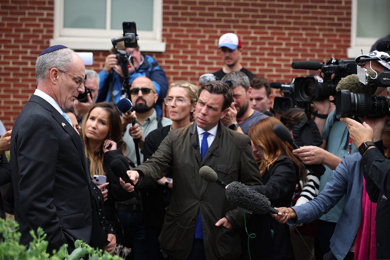 Israeli Ambassador to the United States Yechiel Leiter speaks to the media at the site of the recent shooting outside of the Lillian and Albert Small Capital Jewish Museum in Washington, D.C., on May 22, 2025. Credit: Tasos Katopodis/Getty Images.