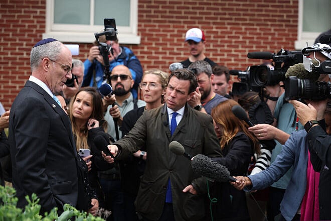 Israeli Ambassador to the United States Yechiel Leiter speaks to the media at the site of the recent shooting outside of the Lillian and Albert Small Capital Jewish Museum in Washington, D.C., on May 22, 2025. Credit: Tasos Katopodis/Getty Images.