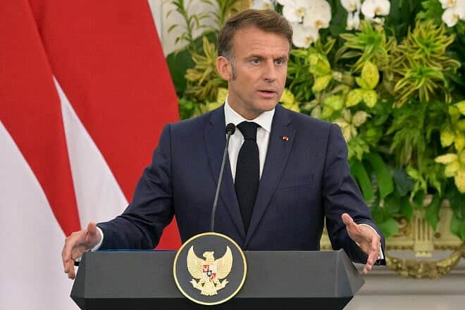 French President Emmanuel Macron speaks during a press conference with Indonesian President Prabowo Subianto at Merdeka Palace in Jakarta, May 28, 2025. Photo by Bay Ismoyo/AFP via Getty Images.