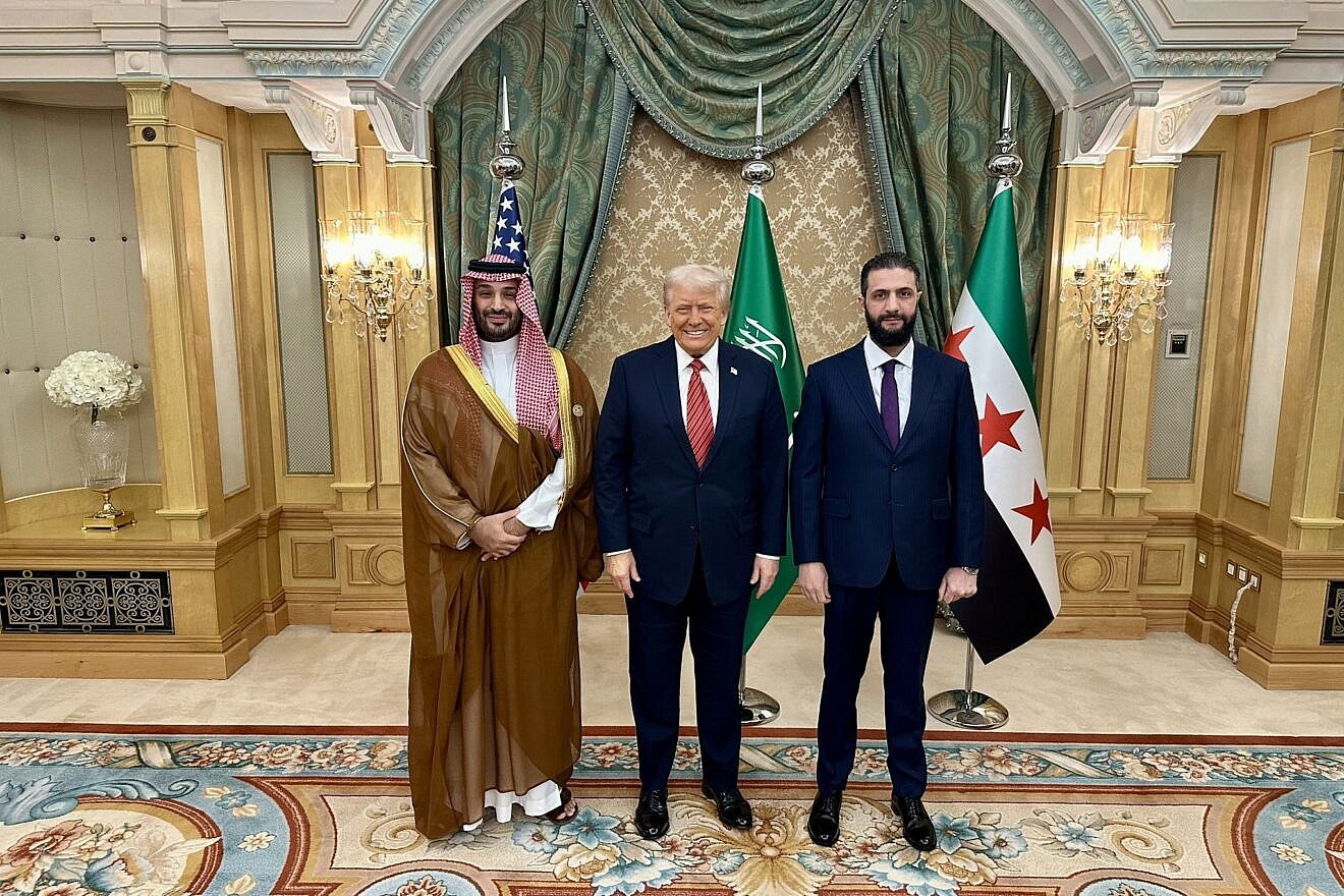 U.S. President Donald Trump meets with Syrian President Ahmed al-Sharaa and Saudi Crown Prince Mohammed bin Salman in Riyadh, Saudi Arabia on May 14, 2025. Source: @PressSec/X.